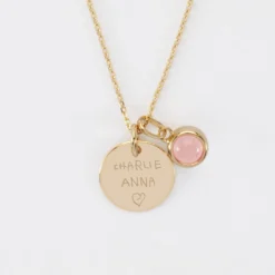 Clearance HappyBulle Pendentif enfant personnalisé médaille gravée plaqué or 15 mm et breloque pierre naturelle 8 mm Plaqué or 18k