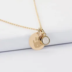 Clearance HappyBulle Pendentif enfant personnalisé médaille gravée plaqué or 15 mm et breloque pierre naturelle 8 mm Plaqué or 18k