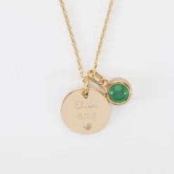 Clearance HappyBulle Pendentif enfant personnalisé médaille gravée plaqué or 15 mm et breloque pierre naturelle 8 mm Plaqué or 18k