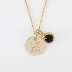 Clearance HappyBulle Pendentif enfant personnalisé médaille gravée plaqué or 15 mm et breloque pierre naturelle 8 mm Plaqué or 18k