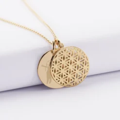Online HappyBulle Pendentif famille personnalisé fleur de vie et médaille gravée plaqué or 19 mm