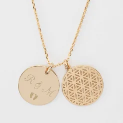 Online HappyBulle Pendentif famille personnalisé fleur de vie et médaille gravée plaqué or 19 mm