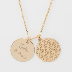 Online HappyBulle Pendentif famille personnalisé fleur de vie et médaille gravée plaqué or 19 mm