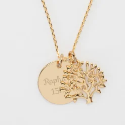 Outlet HappyBulle Pendentif famille personnalisé arbre de vie et médaille gravée plaqué or 19 mm Plaqué or 18k