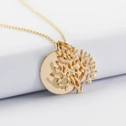 Outlet HappyBulle Pendentif famille personnalisé arbre de vie et médaille gravée plaqué or 19 mm Plaqué or 18k