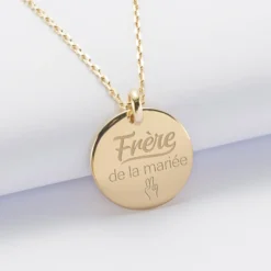 Best HappyBulle Pendentif homme Famille des mariés personnalisé médaille bombée gravée plaqué or 20 mm