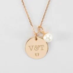Discount HappyBulle Pendentif Mariée personnalisé médaille gravée plaqué or 19 mm et breloque perle nacre 10 mm