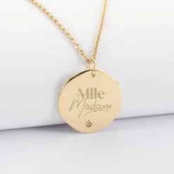 Clearance HappyBulle Pendentif Mariée personnalisé médaille scintillante gravée plaqué or 20 mm Plaqué or 18k