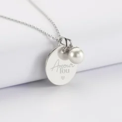 Hot HappyBulle Pendentif Mariée personnalisé médaille gravée argent 19 mm et breloque perle nacre 10 mm