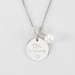 Hot HappyBulle Pendentif Mariée personnalisé médaille gravée argent 19 mm et breloque perle nacre 10 mm