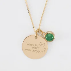 Discount HappyBulle Pendentif Mariée personnalisé médaille gravée plaqué or 19 mm et breloque pierre naturelle 8 mm Plaqué or 18k
