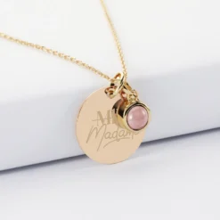 Discount HappyBulle Pendentif Mariée personnalisé médaille gravée plaqué or 19 mm et breloque pierre naturelle 8 mm Plaqué or 18k