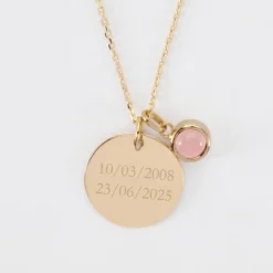 Discount HappyBulle Pendentif Mariée personnalisé médaille gravée plaqué or 19 mm et breloque pierre naturelle 8 mm Plaqué or 18k
