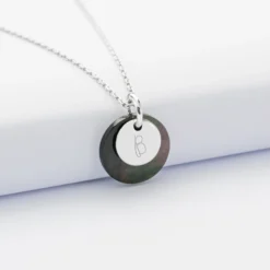Best HappyBulle Pendentif personnalisé breloque nacre noire 15 mm et médaille gravée argent 10 mm Argent rhodié 925