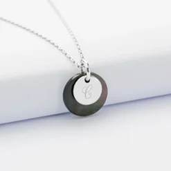 Best HappyBulle Pendentif personnalisé breloque nacre noire 15 mm et médaille gravée argent 10 mm Argent rhodié 925