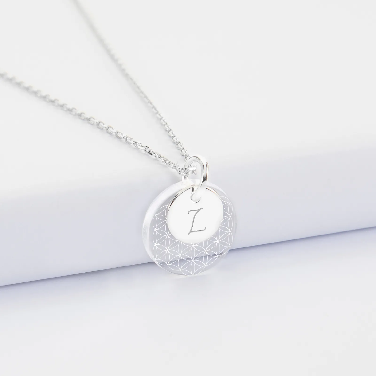 Sale HappyBulle Pendentif personnalisé double médailles gravées argent 10 mm et acrylique 16 mm Argent rhodié 925