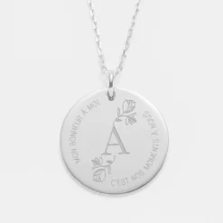 New HappyBulle Pendentif personnalisé médaille gravée argent 27 mm - édition spéciale "Initiale Florale" Argent rhodié 925
