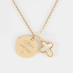 Best HappyBulle Pendentif personnalisé médaille gravée plaqué or 19 mm et breloque croix nacre 16 mm