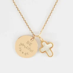 Best HappyBulle Pendentif personnalisé médaille gravée plaqué or 19 mm et breloque croix nacre 16 mm