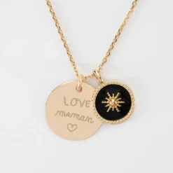 Online HappyBulle Pendentif personnalisé médaille gravée plaqué or 19 mm et breloque soleil 14 mm Email noir
