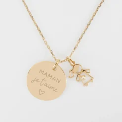New HappyBulle Pendentif personnalisé médaille gravée plaqué or 19 mm et breloque petite fille zircon 12 mm Plaqué or 18k