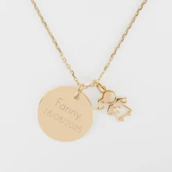 New HappyBulle Pendentif personnalisé médaille gravée plaqué or 19 mm et breloque petite fille zircon 12 mm Plaqué or 18k