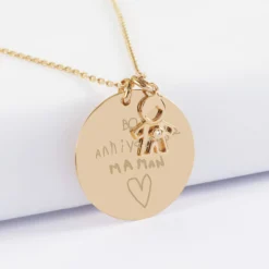 Online HappyBulle Pendentif personnalisé médaille gravée plaqué or 27 mm et breloque petit garçon zircon 12 mm Plaqué or 18k
