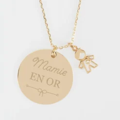 Online HappyBulle Pendentif personnalisé médaille gravée plaqué or 27 mm et breloque petit garçon zircon 12 mm Plaqué or 18k