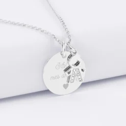 New HappyBulle Pendentif personnalisé médaille gravée argent 19 mm et breloque petit garçon scintillant 12 mm Argent rhodié 925
