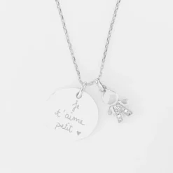 New HappyBulle Pendentif personnalisé médaille gravée argent 19 mm et breloque petit garçon scintillant 12 mm Argent rhodié 925