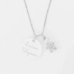 New HappyBulle Pendentif personnalisé médaille gravée argent 19 mm et breloque petit garçon scintillant 12 mm Argent rhodié 925