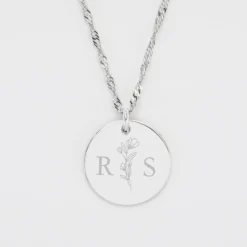 Clearance HappyBulle Pendentif personnalisé médaille gravée argent 19 mm - Edition spéciale mariage Initiales Florales Argent rhodié 925
