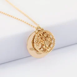 Hot HappyBulle Pendentif personnalisé médaille gravée plaqué or 19 mm et breloque arbre de vie contour torsadé 16 mm Plaqué or 18k