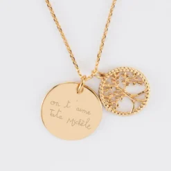 Hot HappyBulle Pendentif personnalisé médaille gravée plaqué or 19 mm et breloque arbre de vie contour torsadé 16 mm Plaqué or 18k