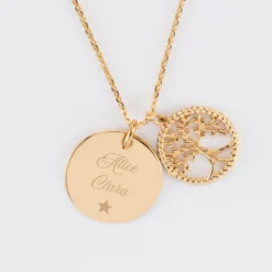 Hot HappyBulle Pendentif personnalisé médaille gravée plaqué or 19 mm et breloque arbre de vie contour torsadé 16 mm Plaqué or 18k