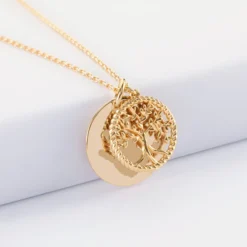 Hot HappyBulle Pendentif personnalisé médaille gravée plaqué or 19 mm et breloque arbre de vie contour torsadé 16 mm Plaqué or 18k