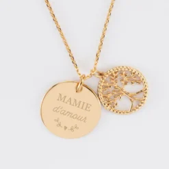 Hot HappyBulle Pendentif personnalisé médaille gravée plaqué or 19 mm et breloque arbre de vie contour torsadé 16 mm Plaqué or 18k