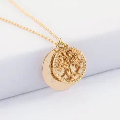 Hot HappyBulle Pendentif personnalisé médaille gravée plaqué or 19 mm et breloque arbre de vie contour torsadé 16 mm Plaqué or 18k