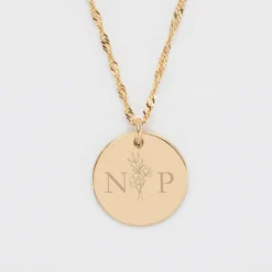 New HappyBulle Pendentif personnalisé médaille gravée plaqué or 19 mm - Edition spéciale mariage Initiales Florales Plaqué or 18k