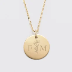 New HappyBulle Pendentif personnalisé médaille gravée plaqué or 19 mm - Edition spéciale mariage Initiales Florales Plaqué or 18k
