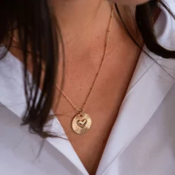 Hot HappyBulle Pendentif personnalisé médaille soleil coeur bombé gravée plaqué or 19 mm Plaqué or 18k