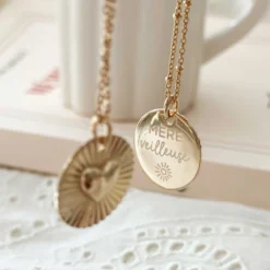 Hot HappyBulle Pendentif personnalisé médaille soleil coeur bombé gravée plaqué or 19 mm Plaqué or 18k