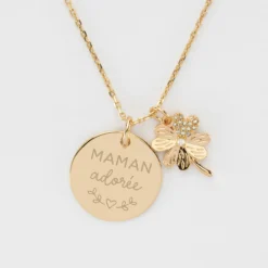 Online HappyBulle Pendentif personnalisé médaille gravée plaqué or 19 mm et breloque scintillant 15 mm Trèfle