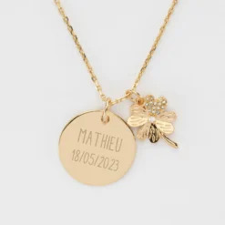 Online HappyBulle Pendentif personnalisé médaille gravée plaqué or 19 mm et breloque scintillant 15 mm Trèfle