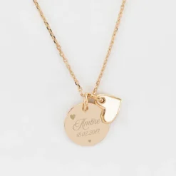 Best HappyBulle Pendentif personnalisé médaille gravée plaqué or 15 mm et breloque coeur email 10 mm Plaqué or 18k