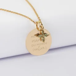 Best HappyBulle Pendentif personnalisé médaille gravée plaqué or 19 mm et breloque fleur pétales zircons 10 mm