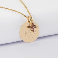 Best HappyBulle Pendentif personnalisé médaille gravée plaqué or 19 mm et breloque fleur pétales zircons 10 mm