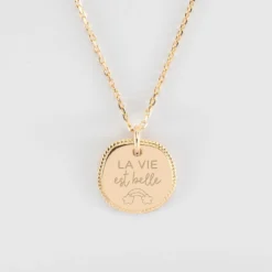 Clearance HappyBulle Pendentif personnalisé médaille contour tressé gravée plaqué or 17 mm