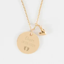 Best HappyBulle Pendentif personnalisé médaille gravée plaqué or 19 mm et breloque petit coeur bombé 7 mm - x Atelier Wagram Plaqué or 18k