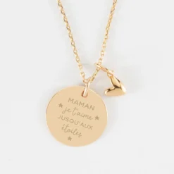 Best HappyBulle Pendentif personnalisé médaille gravée plaqué or 19 mm et breloque petit coeur bombé 7 mm - x Atelier Wagram Plaqué or 18k